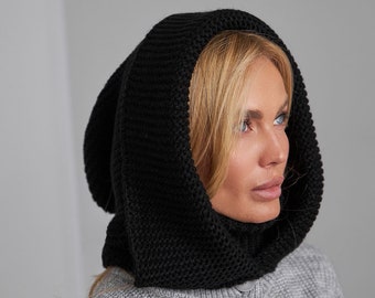 Black womens hooded scarf Rib chunky knitted cowl hood Warm winter accessoires