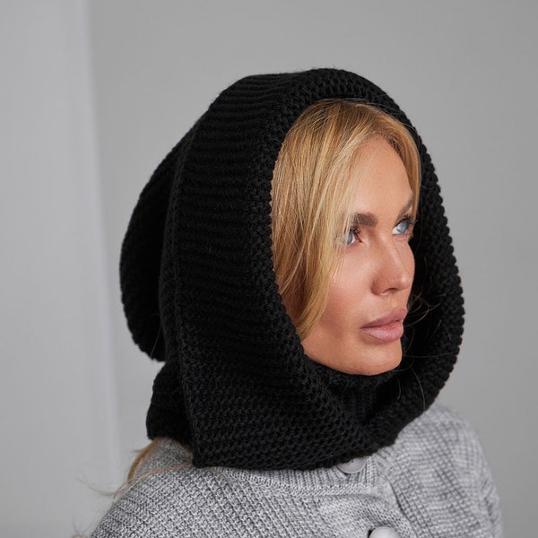 Black womens hooded scarf Rib chunky knitted cowl hood Warm winter accessoires