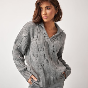 Casual cable knit polo sweater Womens wool knitted pullover