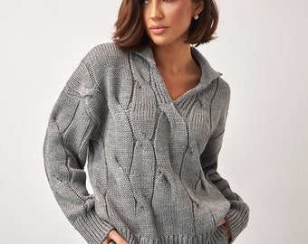 Casual cable knit polo sweater Womens wool knitted pullover