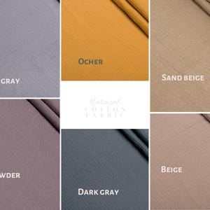 May include: A collage of six fabric swatches in various colors: light gray, ocher, sand beige, powder, dark gray, and beige. The text "Natural Cotton Fabric" is in the center. Each swatch displays a textured weave.