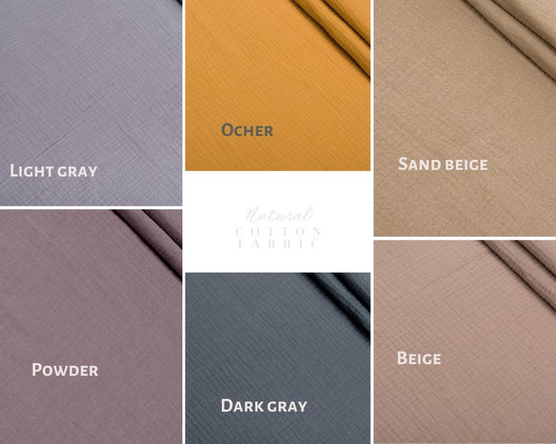 May include: A collage of six fabric swatches in various colors: light gray, ocher, sand beige, powder, dark gray, and beige. The text "Natural Cotton Fabric" is in the center. Each swatch displays a textured weave.