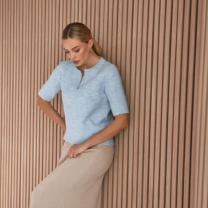 Haut chaud à manches courtes tricoté solide, pull minimaliste, tenue de bureau d'hiver pour femmes, pull émeraude décontracté image 7