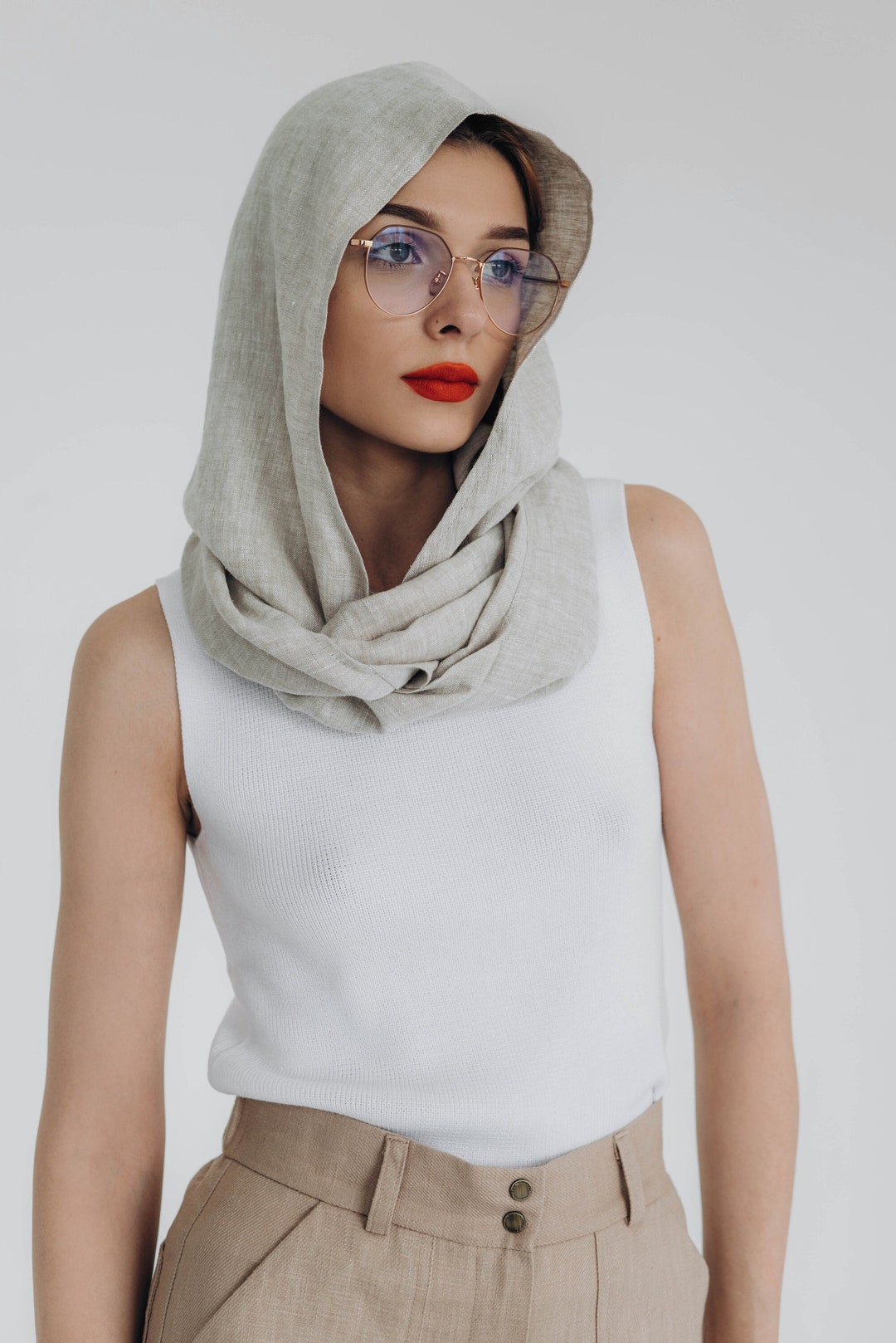 Linen Hooded Scarf Natural Fabric Round Scarf With Hood Linen Circle