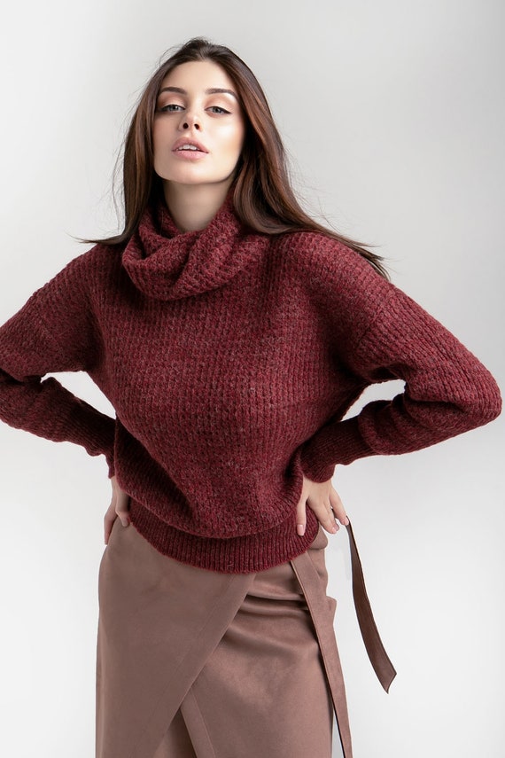 Turtleneck mohair sweater Womens knit sweater Burgundy ladies | Etsy
