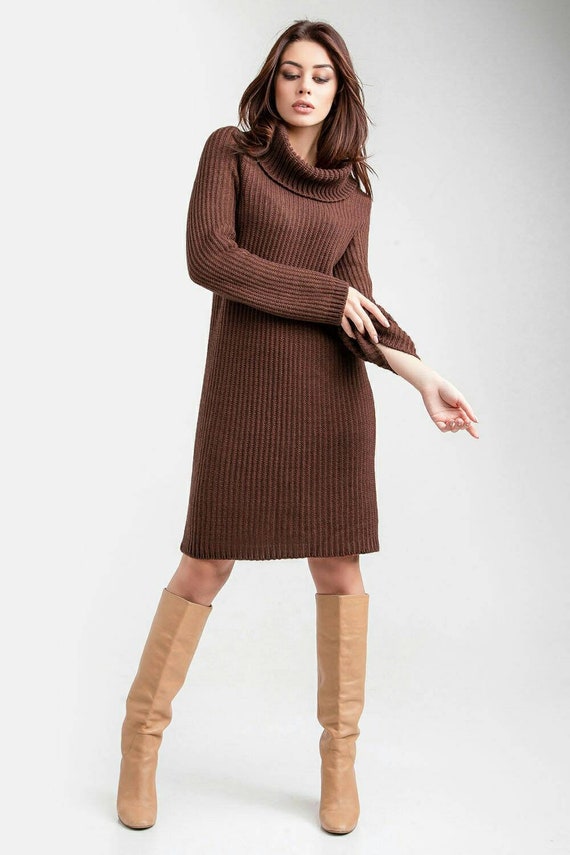 Brown sweater dress Long knit sweater Brick warm dress Etsy