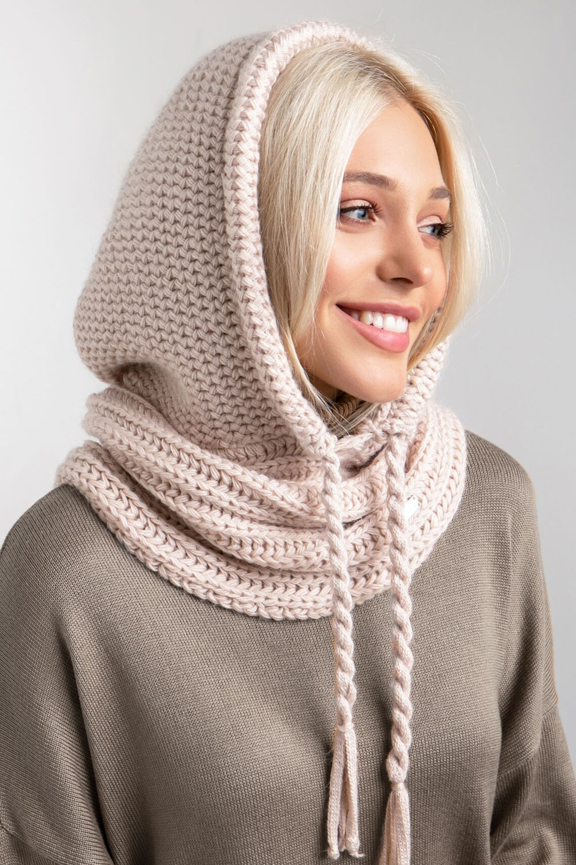 Gray hooded scarf Womens snood Knitted hooded scarf Etsy