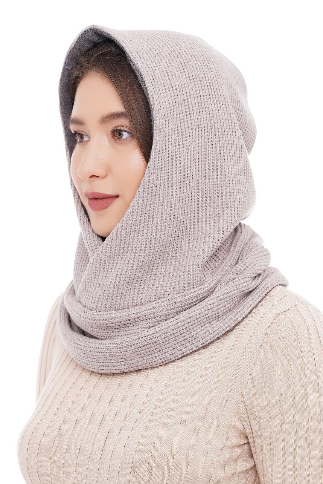 Womens Scoodie Knit Hooded Scarf Pink Cowl Hood Knitted Chunky Warm