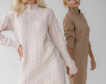Cable midi sweaterdress Beige loose fit sweater dress Womens long knit dress