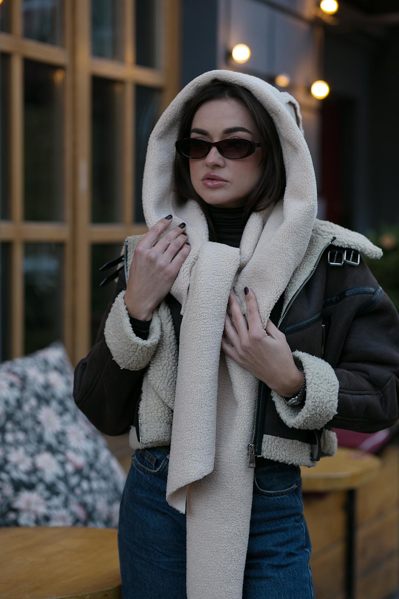 Winter Gray Cozy Furry Hooded Scarf Sheepskin Oversized Warm Cowl