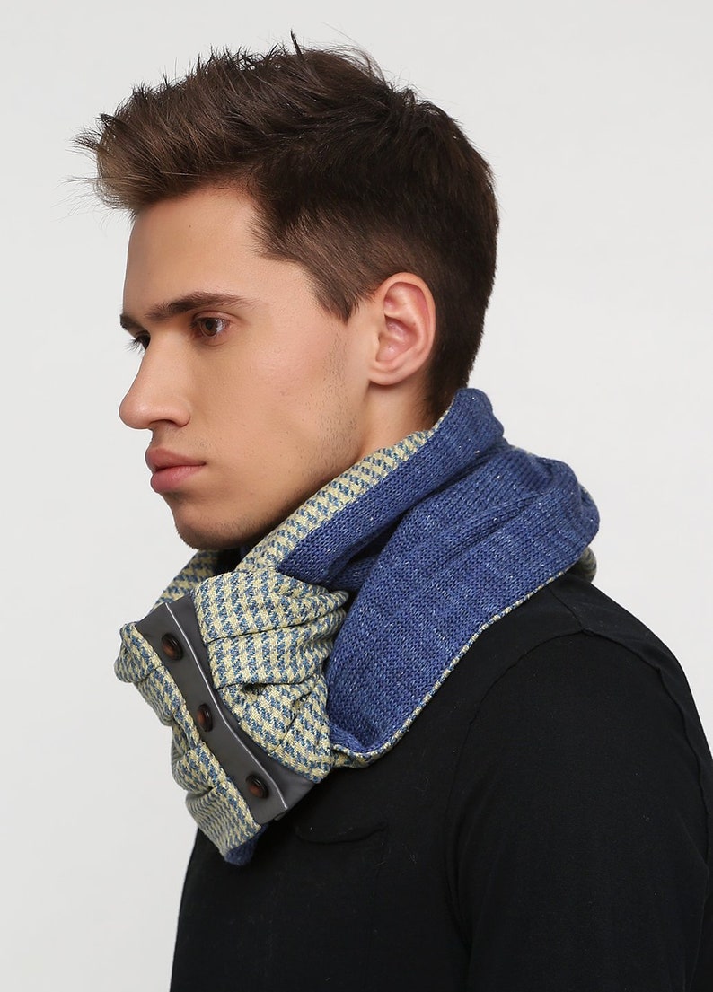 Mens Blue Scarf Wool Houndstooth Scarf Infinity Scarf With Etsy