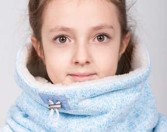 Fur hooded scarf for girl Blue kids snood