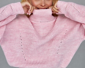 Pull en tricot côtelé épais à col roulé court à manches longues pour femme rose confortable hiver coupe ample