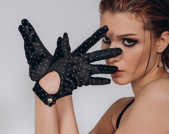 Black ladies velvet driving gloves Polka dot short gloves for Dance Rave Performance