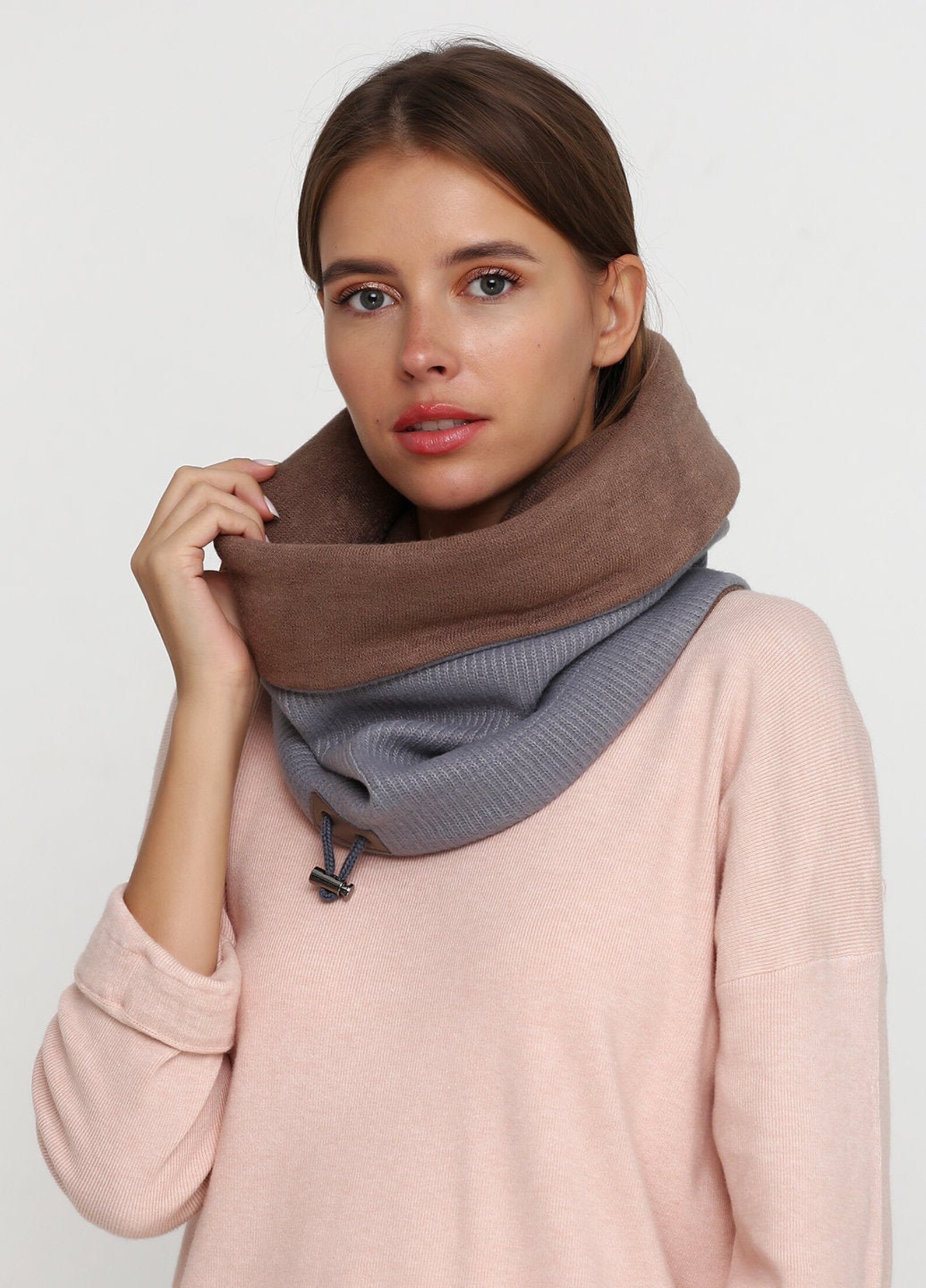 Winter womens snood Wool hooded cowl Reversable gray brown Etsy