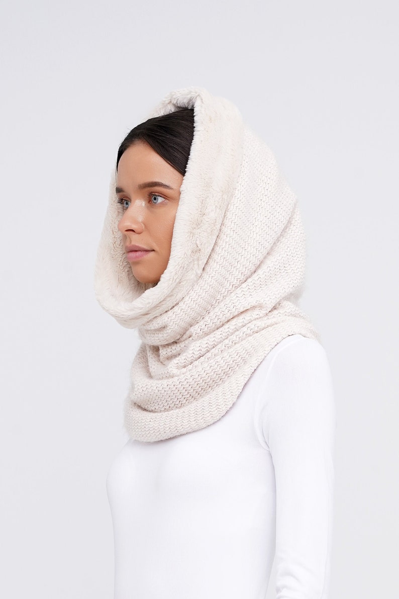 Fur hooded scarf White winter fur snood Warm womens cowl hood | Etsy