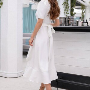 White midi wrap dress Casual wedding dress Sleeves lanterns long dress Dress for special events