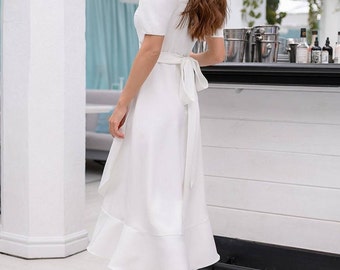 White midi wrap dress Casual wedding dress Sleeves lanterns long dress Dress for special events