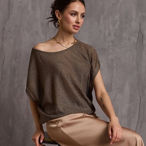 Top sans manches oversize en tricot brillant Tunique en résille Tenue minimaliste Tenue de cocktail estivale Bronze