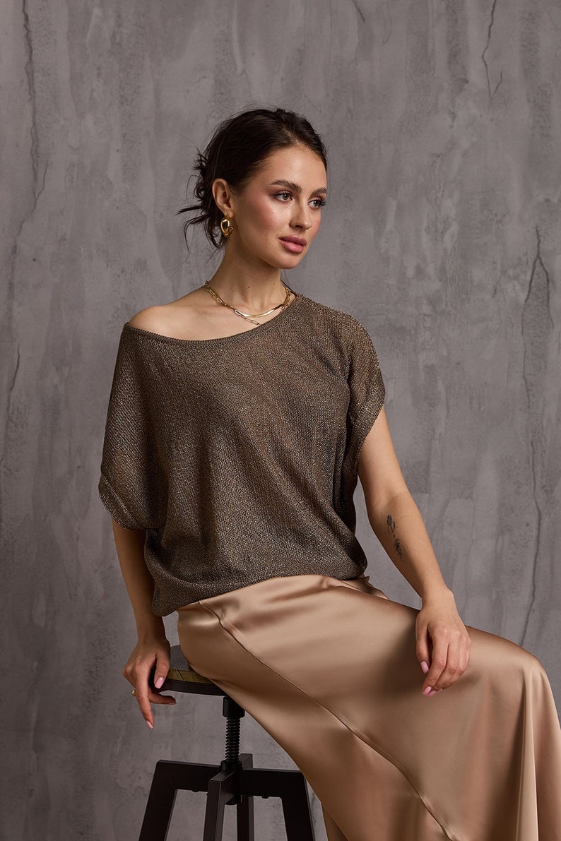 Top sans manches oversize en tricot brillant Tunique en résille Tenue minimaliste Tenue de cocktail estivale Bronze