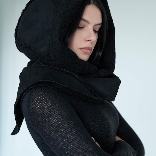 Black Warm Sheepskin Oversized Warm Hooded Scarf Maxi Winter Cowl