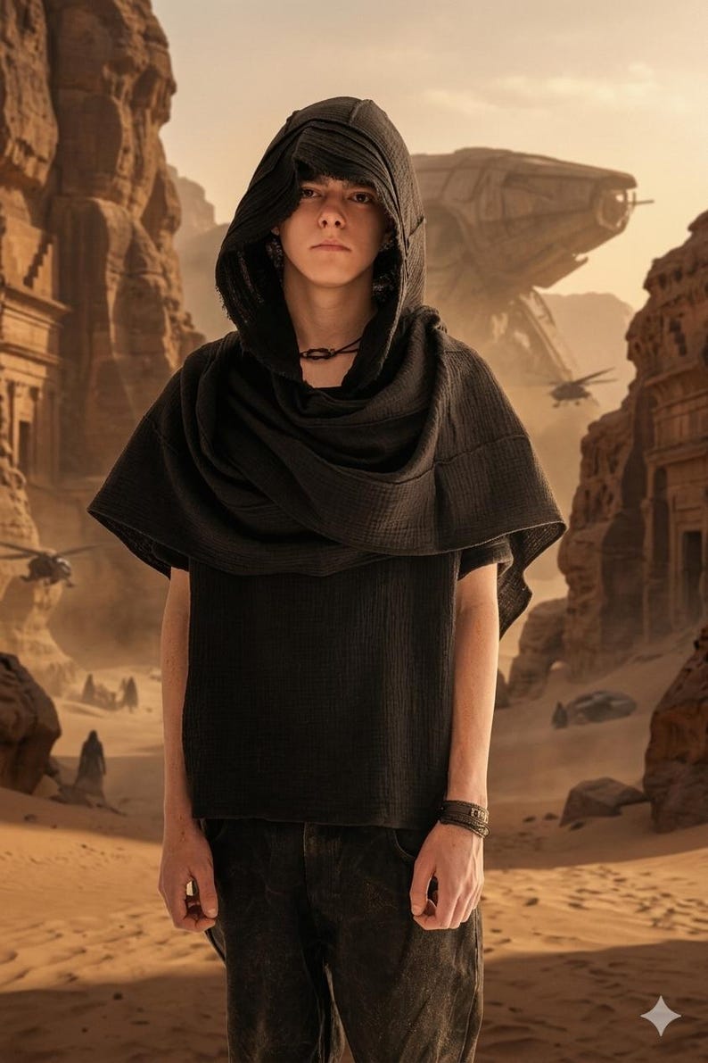 May include: A person in a black hooded cape and shirt, with dark jeans, set against a desert backdrop with rock formations and a futuristic vehicle. The image evokes a sci-fi or fantasy setting, with a focus on the dark clothing.