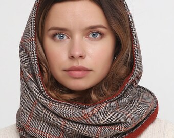 Terracotta plaid scarf Wool infinity scarf Winter scarf Cover loop scarf