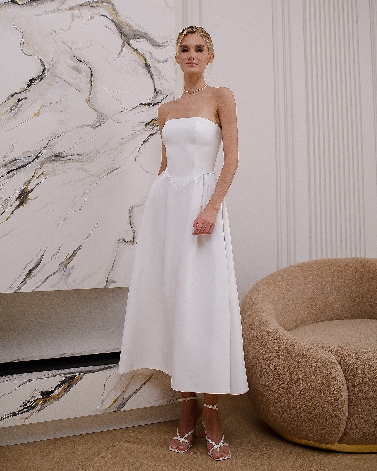 knee length dresses for ladies Short Satin Dress with Basque Waist and Square Neck Casia Mini Custom (14-18 US, 46-50 EU) / Ivory