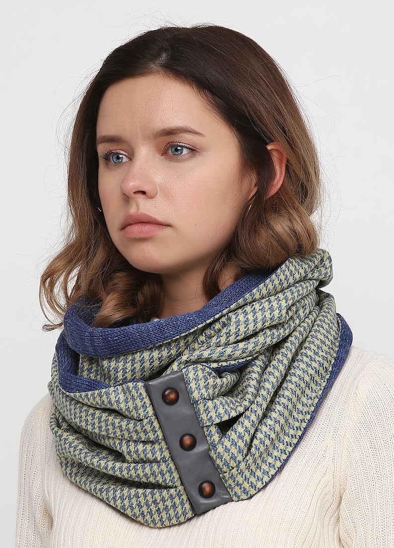 Mens Blue Scarf Wool Houndstooth Scarf Infinity Scarf With Etsy