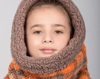 Fur hooded scarf for girl Orange kids snood