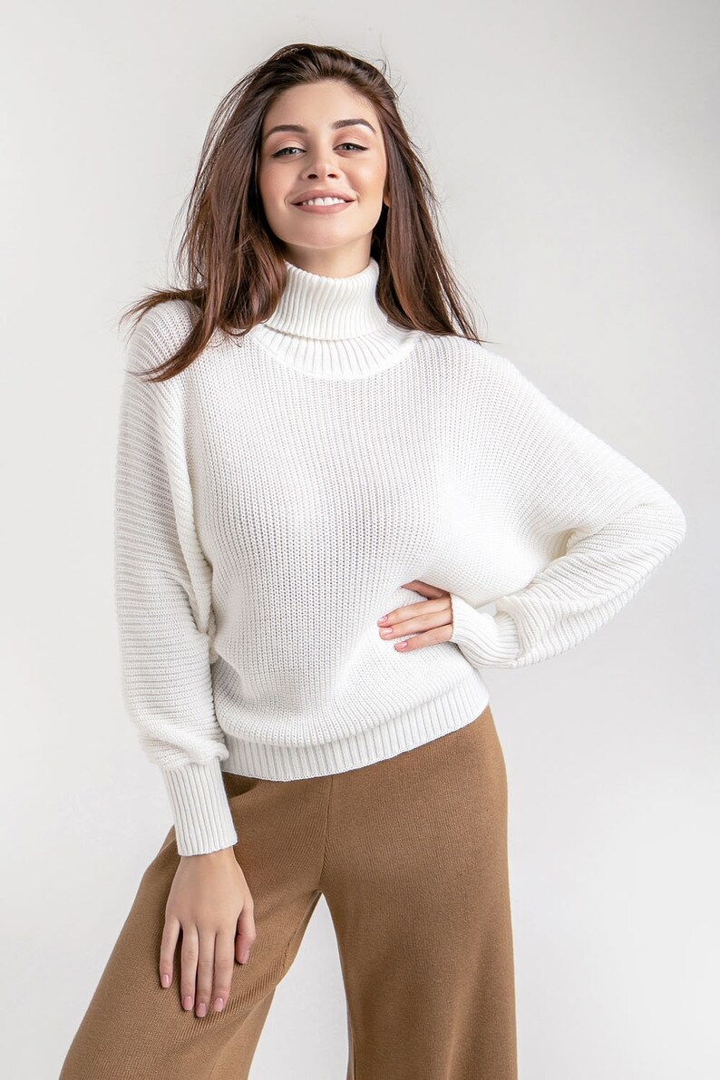 Turtleneck gray sweater Womens warm knit sweater Batwing Etsy