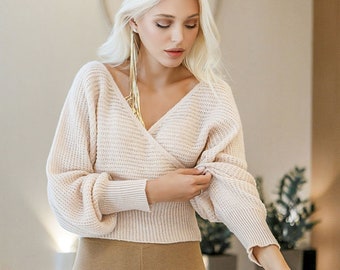 Knit top deep V-neck top Wrap long sleeve knit top Open back top