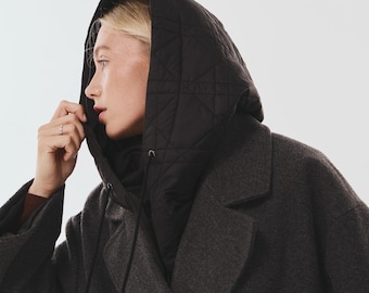 Winter Quilted Hooded Scarf Satin Lined, Puffer Balaclava for Hoodless Coat