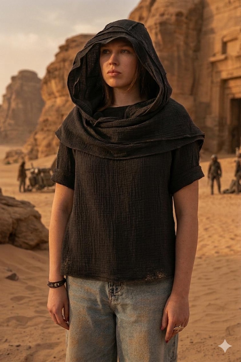 May include: A dark gray hooded top with short sleeves and a textured appearance. The top is paired with light blue denim jeans. The background features a desert landscape with rock formations and figures in the distance.