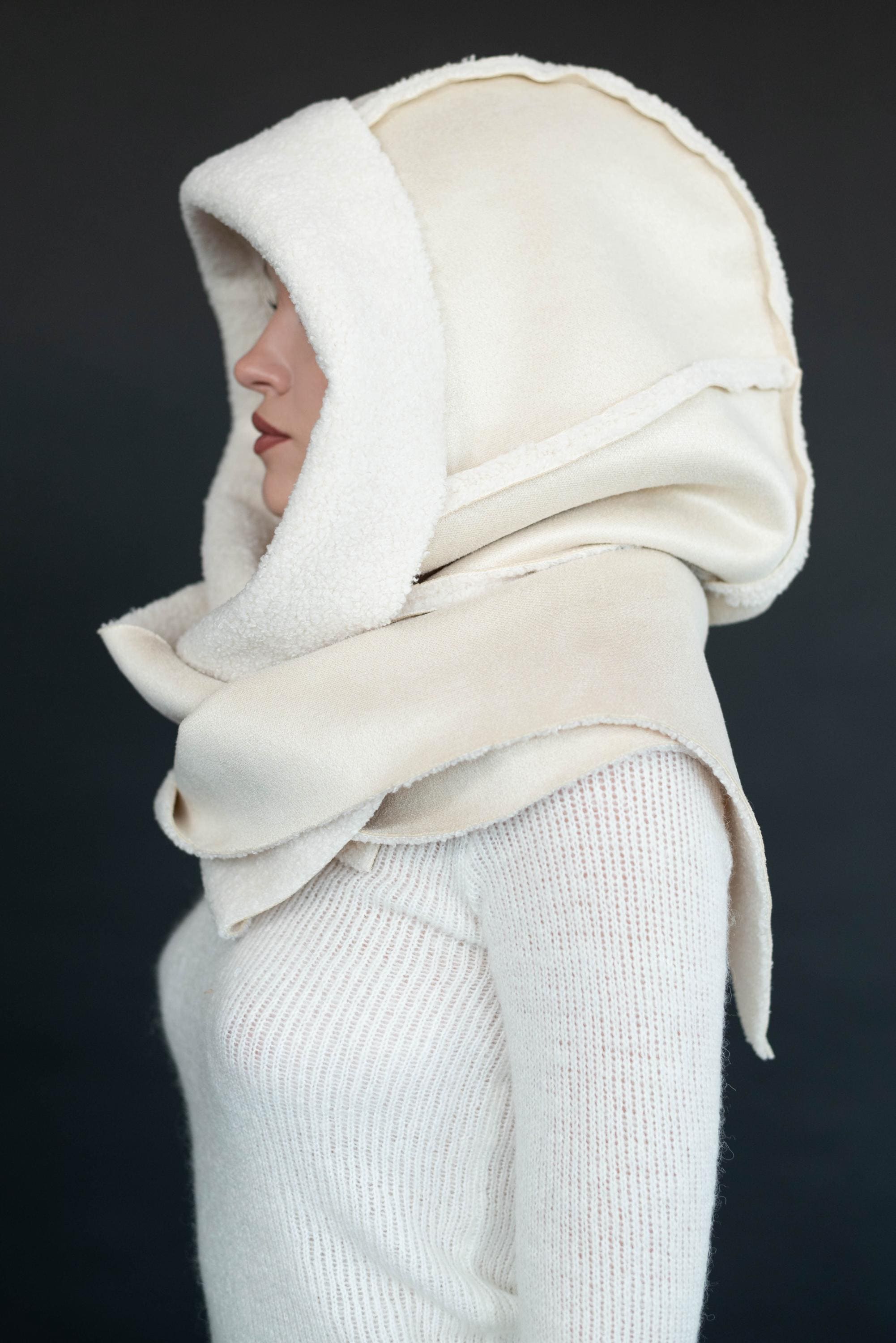 Black Warm Sheepskin Oversized Warm Hooded Scarf Maxi Winter Cowl