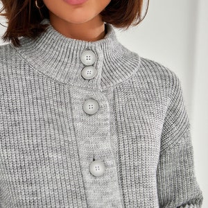 Buttons down Ribbed knit sweater Gray turtleneck warm knitted womens coat Long sleeve image 5