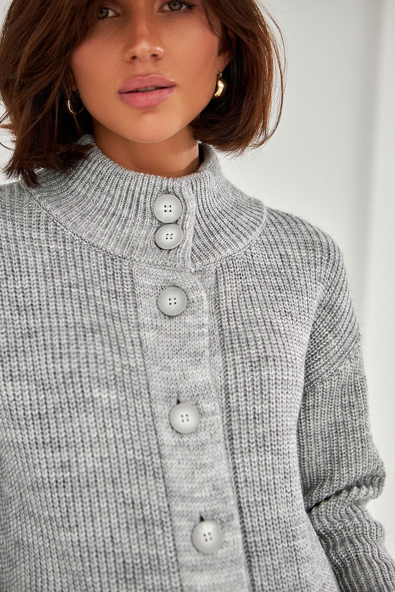 Buttons down Ribbed knit sweater Gray turtleneck warm knitted womens coat Long sleeve image 5