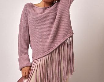 Womens sweater with fringe Warm oversized ribbrd knitted long sleeve  top