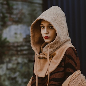 Furry hooded scarf Scoodie for woman Warm hood cowl Beige hooded scarf