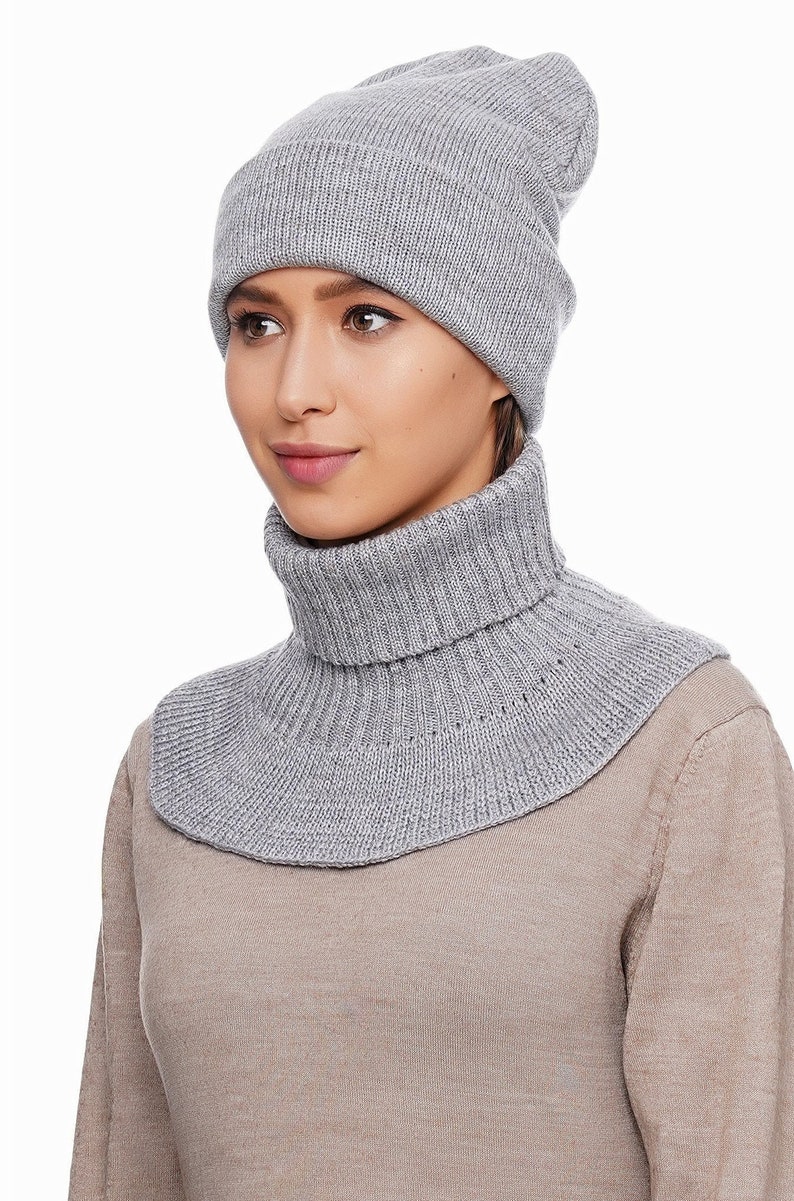 Gray knit hat neck warmer set Womens winter accessior Warm hat Etsy