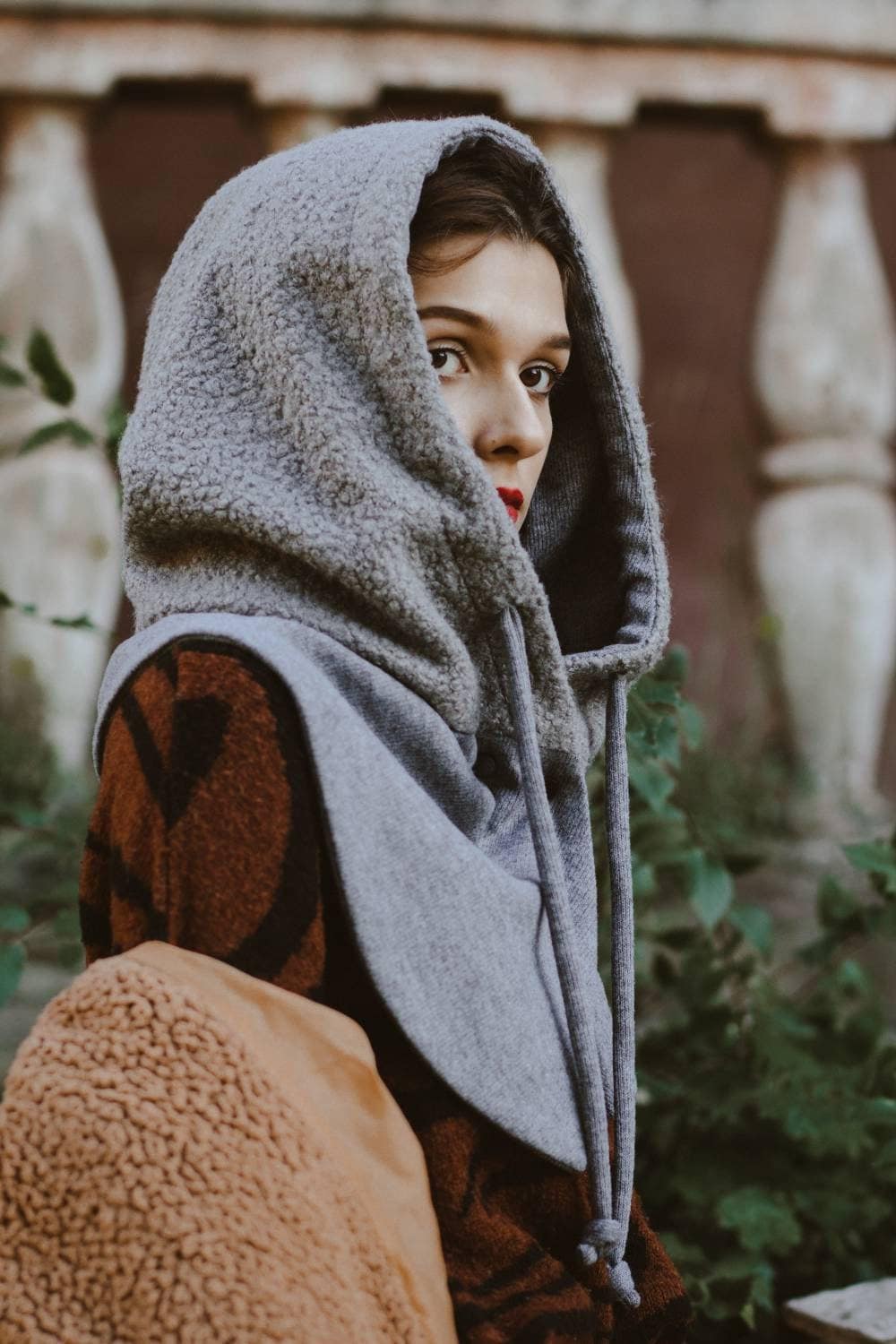 Faux fur hooded scarf Gray scarf with hood for woman Warm hood cowl