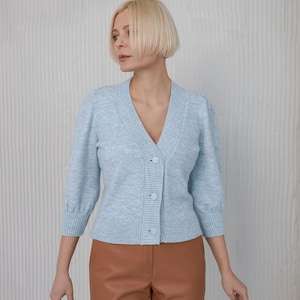 Wool buttons cardigan Puff sleeves womens cardigan Blue