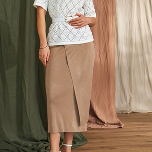 Wrap midi cotton knit skirt Elegant minimalist long womens skirt Cagual outfit image 4