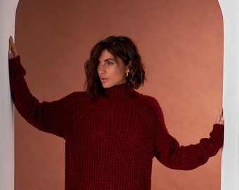 Marsala wool turtleneck sweater Soft mohair knit pullover
