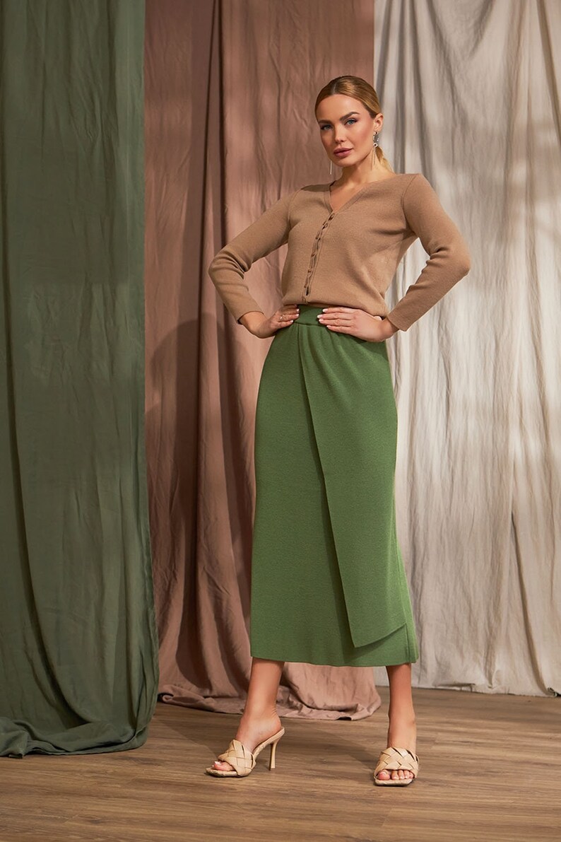 Wrap midi cotton knit skirt Elegant minimalist long womens skirt Cagual outfit image 6