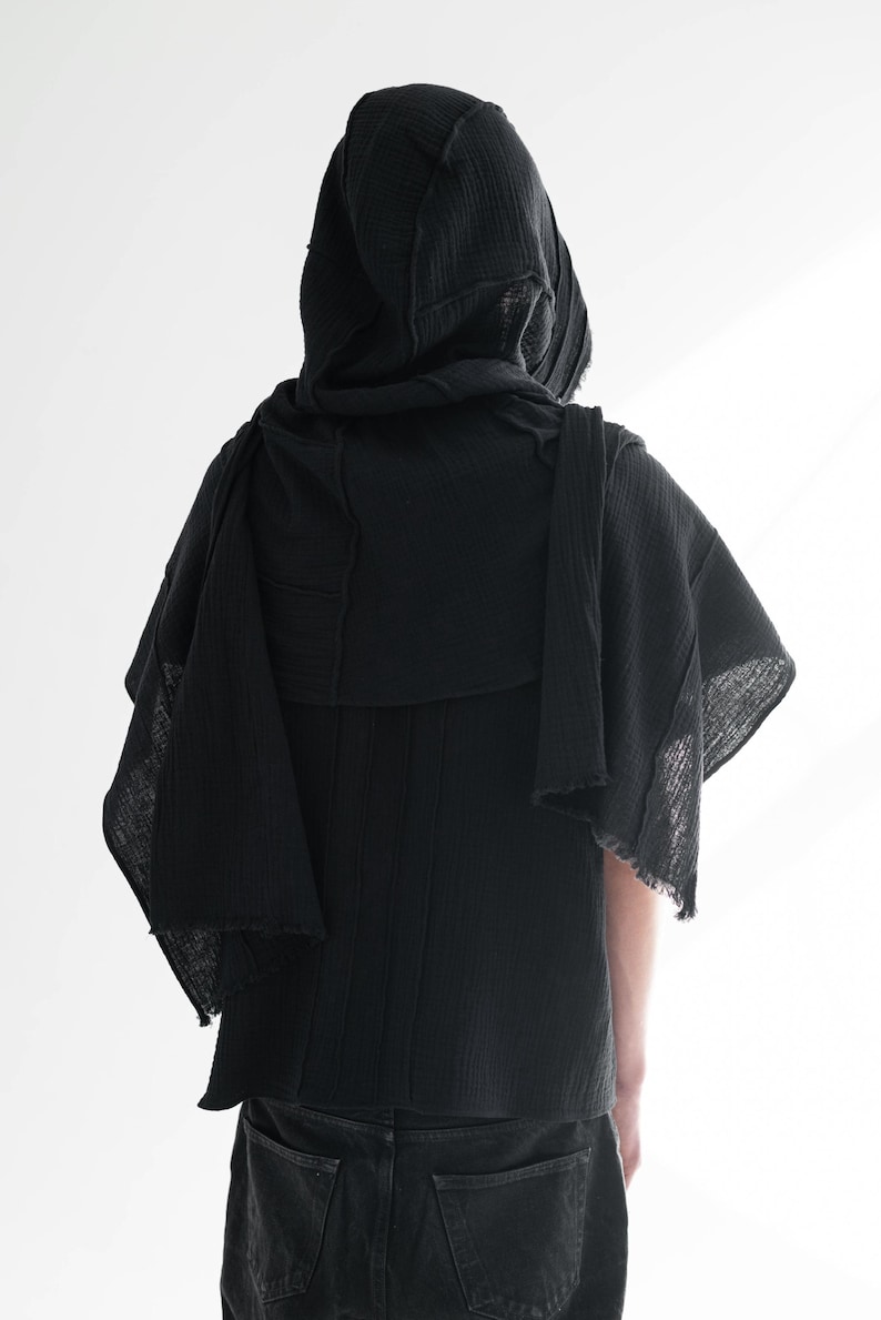 Desert Nomad Muslin Set, Men's Black Gauze T-Shirt and Convertible Hood, Post-Apocalyptic Festival Outfit image 18