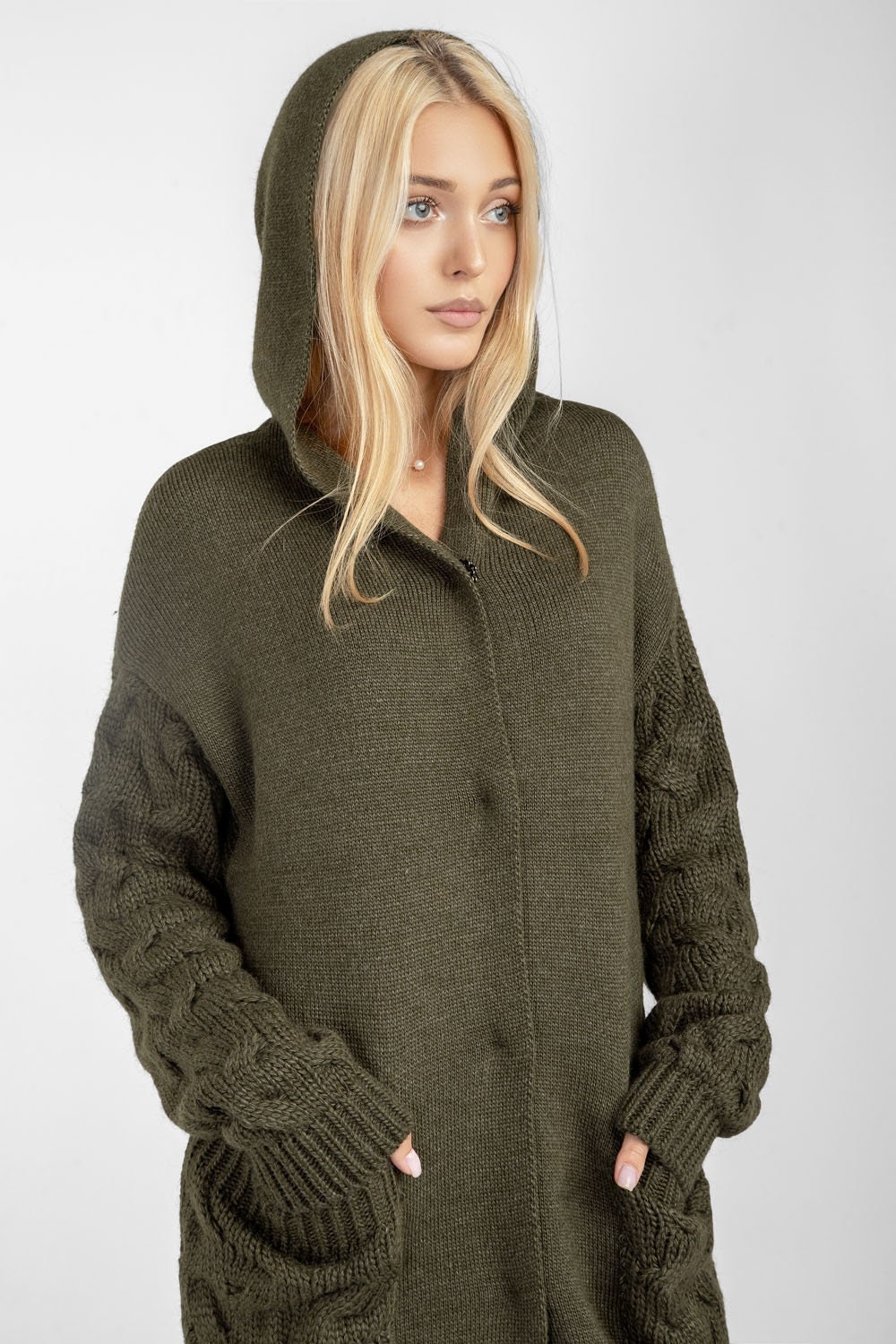 Womans hooded cardigan Khaki knit cardigan Long knit cardigan Etsy