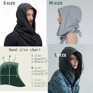 May include: A collection of three detachable hoods in black, light gray, and dark gray, each featuring a drawstring closure. A hood size chart is included, listing S size as 35cm (14") by 29cm (11.5"), M size as 37cm (15") by 31cm (12.5"), and L size as 41cm (16") by 33cm (13").