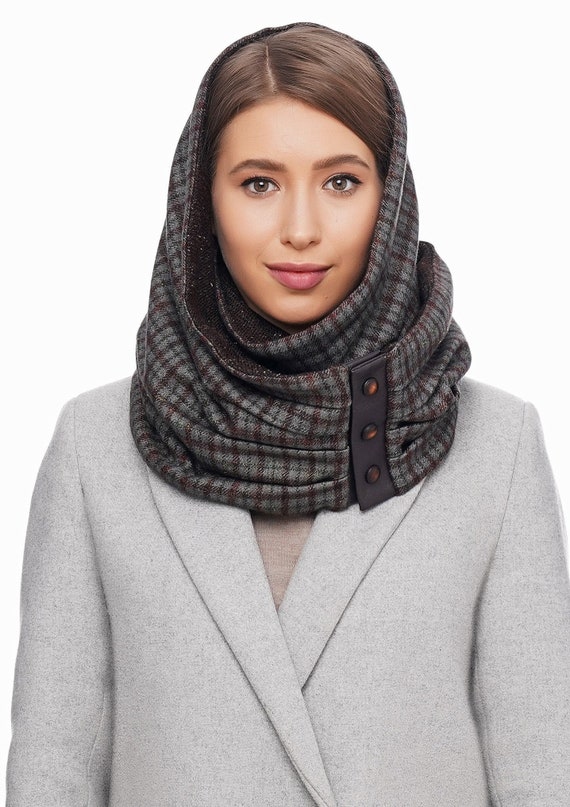 Women plaid scarf Gray brown loop scarf Wool hooded scarf | Etsy