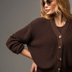 Brown Short Buttons up cardigan Womens rib knit V neck comfy sweater Brown